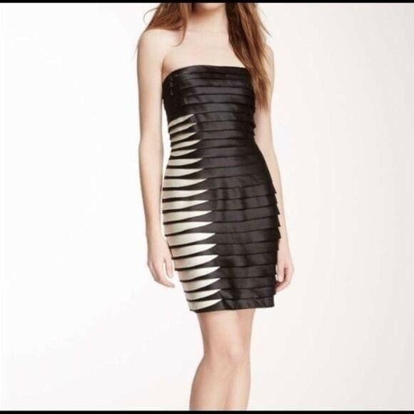 BCBGMaxAzria Black Ivory Mini Cocktail Party Shutter Pleated Dress Satin Tiered - Picture 5 of 11